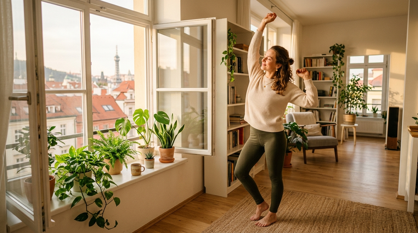 Žena protahující se u okna v ranním světle