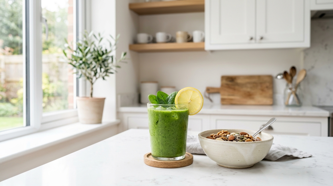 Zelené smoothie na kuchyňské lince v ranním světle